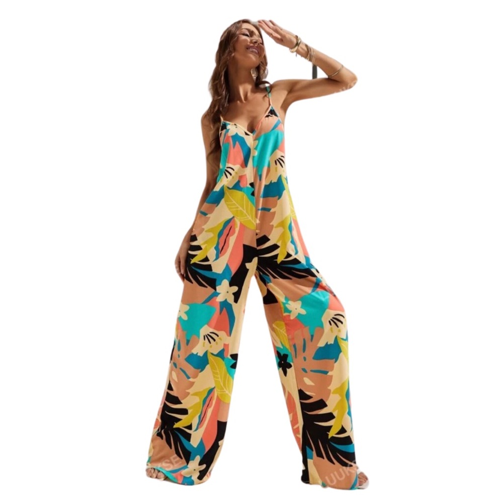 Backless Tropical Print Wide-Leg Cami Jumpsuit - Size Large (8/10)